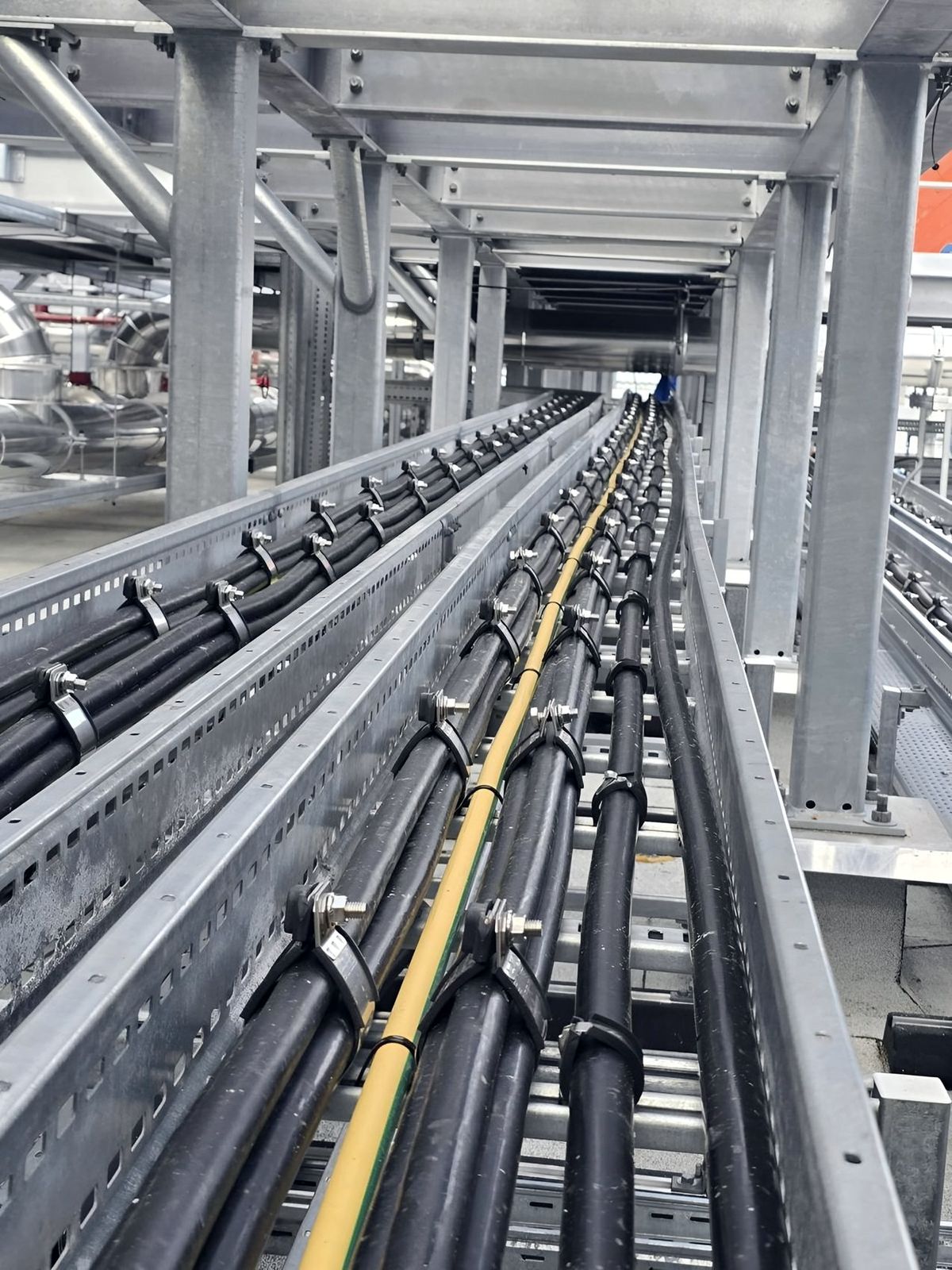 Ladder rack carrying power cables across a data centre service deck